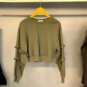 Green Reusched-Sleeve Crop Sweater